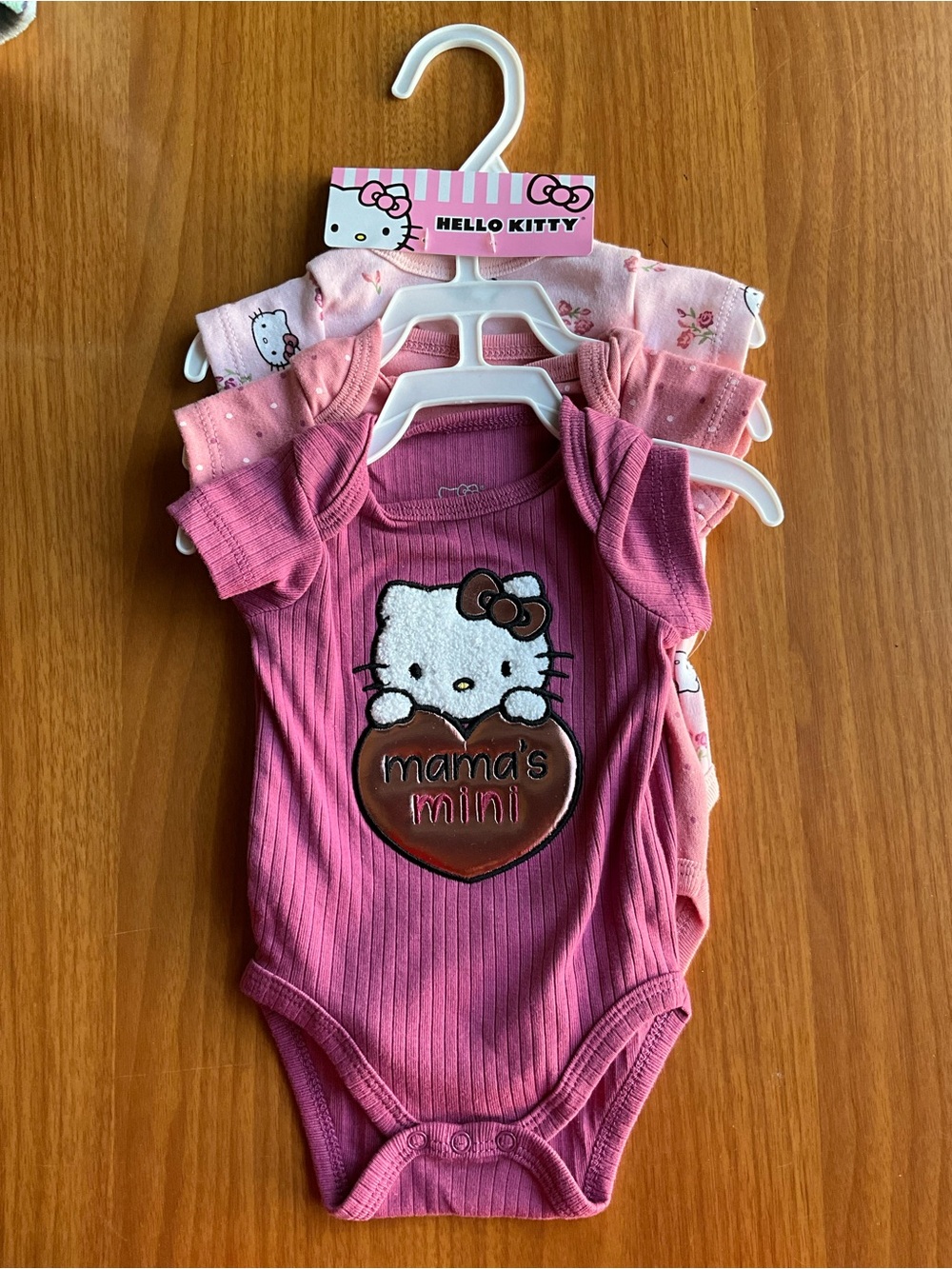 3 Hello Kitty Newborn Pink Ribbed One-Piece Bodysuit with Mama's Mini Heart Set